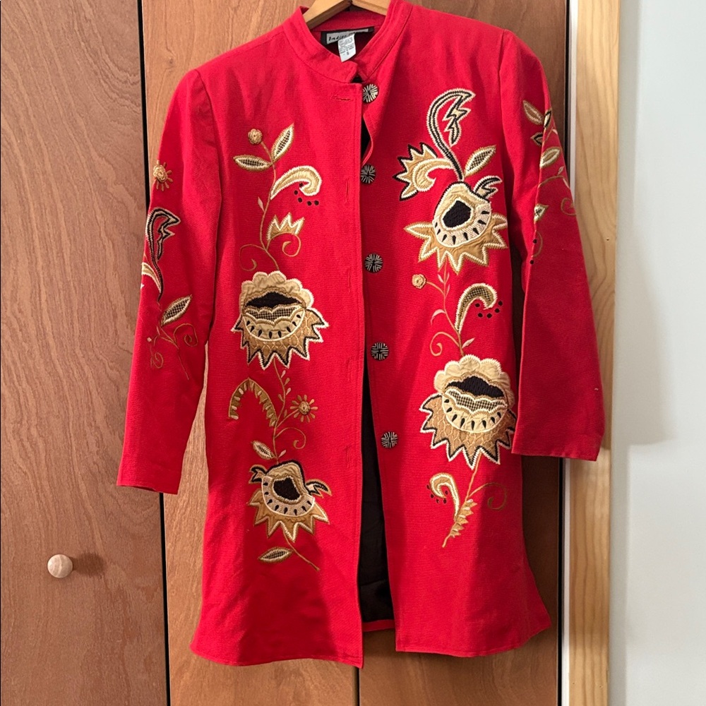 Indigo Moon Red Embroidered Floral Longline Jacket